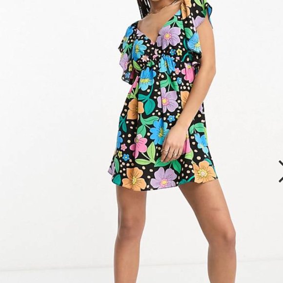 NWT ASOS DESIGN open back frill sleeve mini dress in black floral spot print - Picture 2 of 4